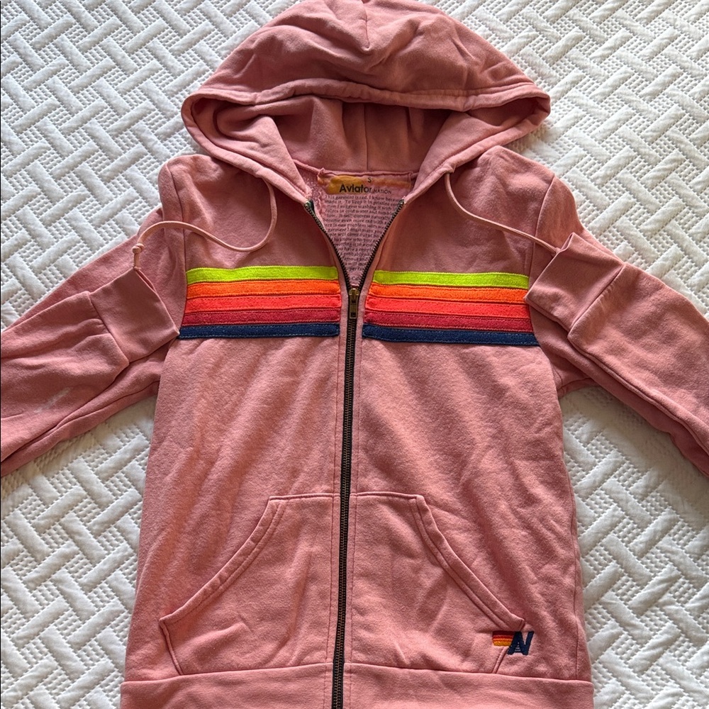 Aviator Nation Pink Zip-Up Hoodie with Rainbow Stripes